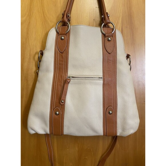 Cream and Brown  Genuine Leather Tote Shoulder Purse Bag - Picture 12 of 16